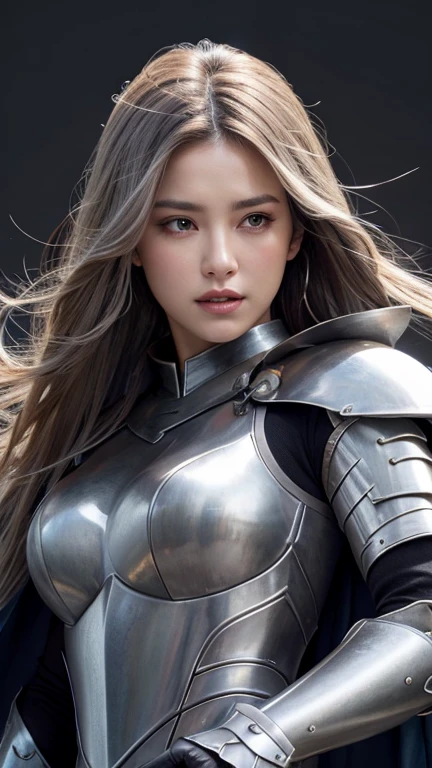 Realistic, High resolution, 1 female, alone, Hip Up, Displaying the viewer, (Detailed face), Gray Hair, Long Hair, knight armor、Cape、Steel Armor、Armpit