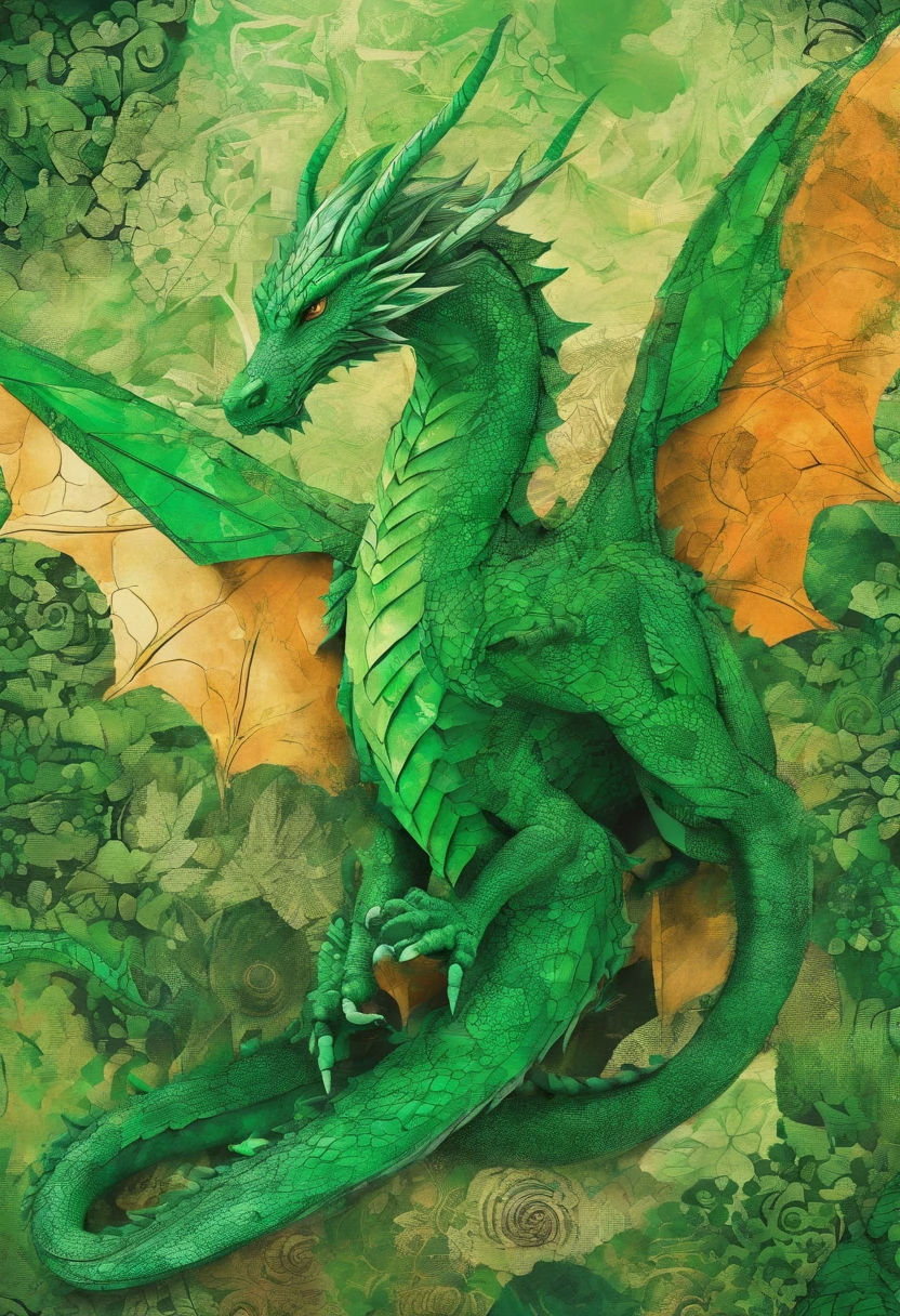 dragon mage emerald green irish green, visionnaire, regard et posture vieux sage, green forest background ::2 colorful ink painting ::2 art fantasy