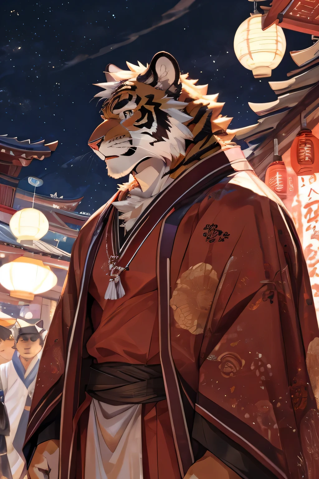 watercolor,Ukiyo-e Art,night,etching,Natural Lighting,Kyoto Animation,(((summer festival))),male,juvenile,(((furry))),tiger,Black eyes,Strong body,Close-up of face,(((sideways)))picture,High purity shades,High Detail,high quality,Third person perspective,(((Naked))),(((White loincloth))),(((shirt open))),bright,Octane Rendering,((There is only one person)),Blur
