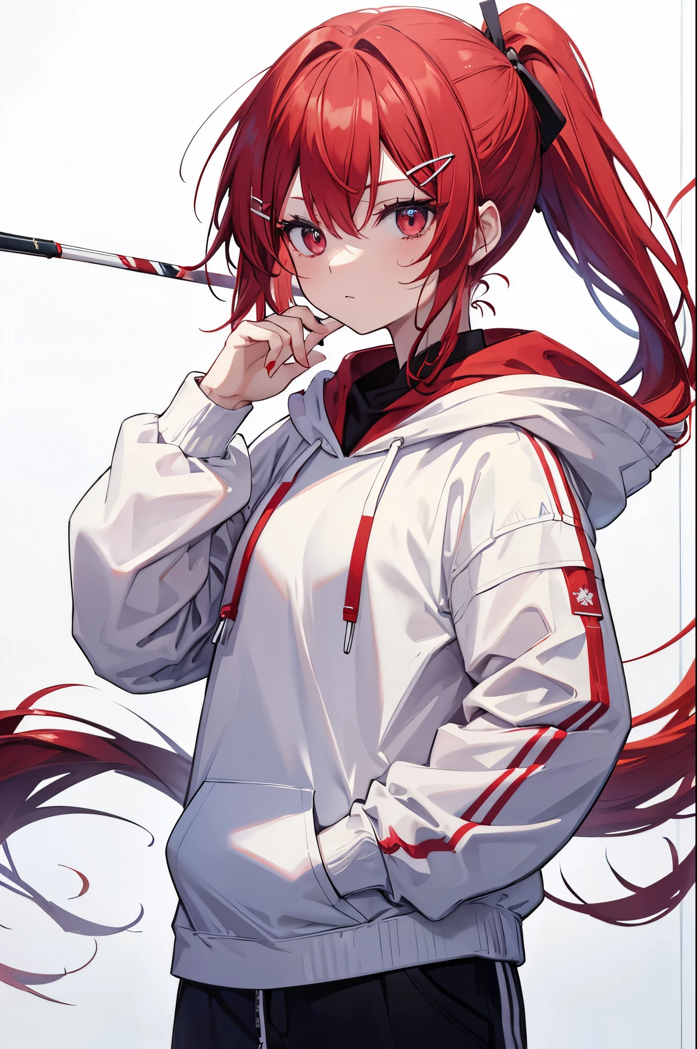 1 person, red hair, ponytail, red odd eye, White Hoodie, black pants, Hairpins, paint background