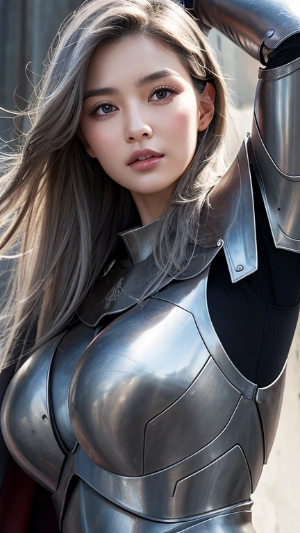 Realistic, High resolution, 1 female, alone, Hip Up, Displaying the viewer, (Detailed face), Gray Hair, Long Hair, knight armor、Cape、Steel Armor、Armpit