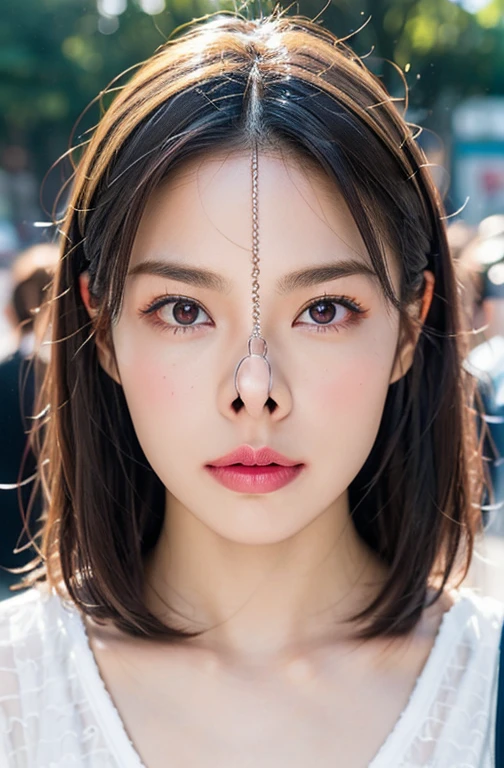 Beautiful and attractive woman in fashion trends, ,(Highest quality realistic textured skin:1.4), Fine grain, Detailed face, High quality eyes, Keep your eyes clearly focused, Nose and mouth,Face Focus, Super Face close-up gentle and charming Chinese beautiful woman, Delicate and sexy collarbone, Attractive oval face, double eyelid, Clever pink eyes, Pink Lips, Small Nose, Exposing shoulders, Focus on the face, Face close-up, Ultra-high resolution, Very detailed, Full body photo, Ultra-thin and transparent, The white off-shoulder shirt and light blue slit skirt go great together., Fresh and delicious, And see through
