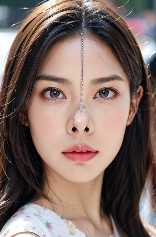 Beautiful and attractive woman in fashion trends, ,(Highest quality realistic textured skin:1.4), Fine grain, Detailed face, High quality eyes, Keep your eyes clearly focused, Nose and mouth,Face Focus, Super Face close-up gentle and charming Chinese beautiful woman, Delicate and sexy collarbone, Attractive oval face, double eyelid, Clever pink eyes, Pink Lips, Small Nose, Exposing shoulders, Focus on the face, Face close-up, Ultra-high resolution, Very detailed, Full body photo, Ultra-thin and transparent, The white off-shoulder shirt and light blue slit skirt go great together., Fresh and delicious, And see through
