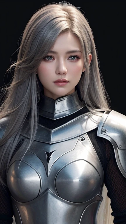 Realistic, High resolution, 1 female, alone, Hip Up, Displaying the viewer, (Detailed face), Gray Hair, Long Hair, knight armor