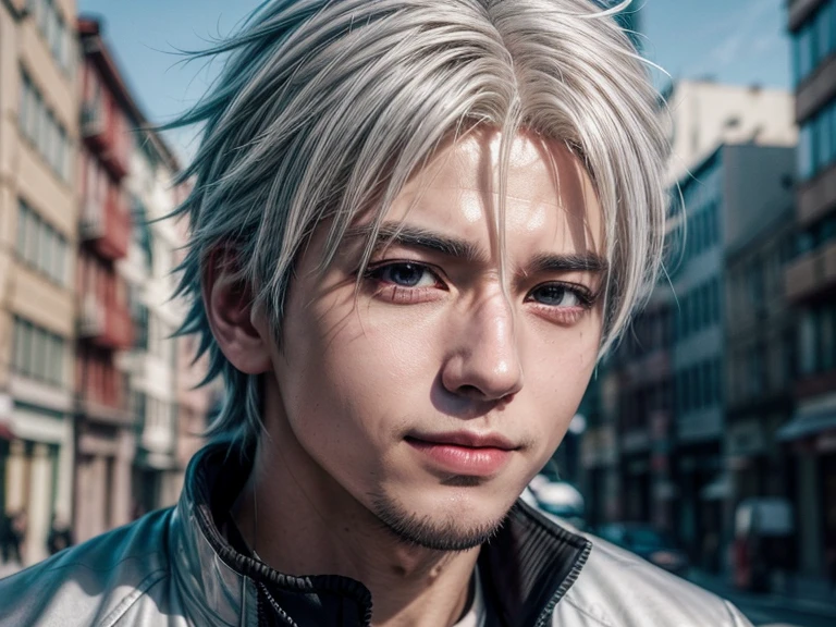 1male, a close up of a person, kakashi hatake from anime naruto, white hair, as an anime character, perfect anime, male anime character, anime character, gray clothes, red eyes, anime best man, smile, background city, handsome, ultra detail, realistic