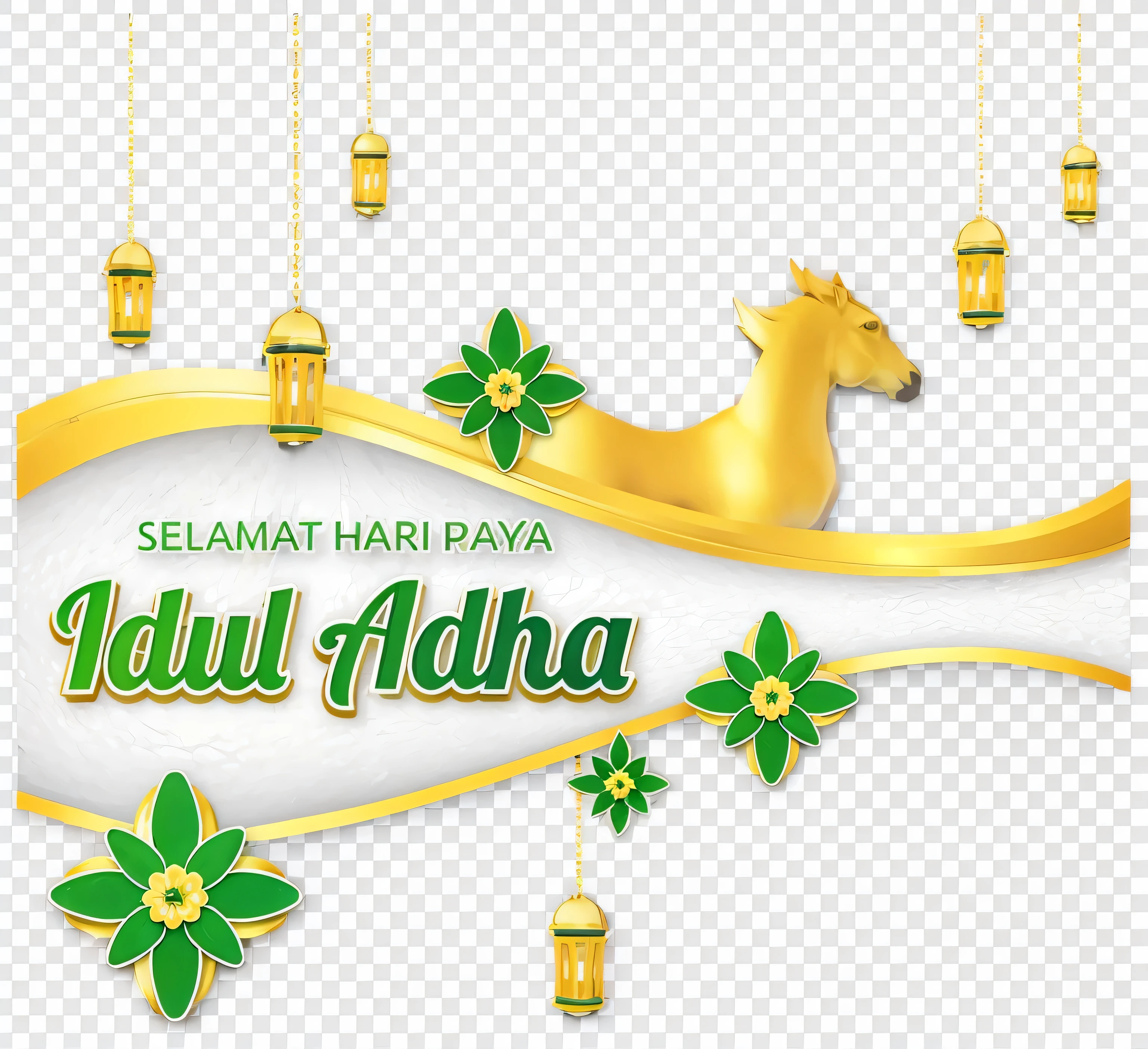 a white banner with a golden horse and green flowers on it, best on adobe stock, created in adobe illustrator, illustration”, made in adobe illustrator, clipart, wearing elaborate green and gold, card, on simple background, full device, isolated on white background, image, shutterstock, by Abidin Dino, made with illustrator, background image, trailer