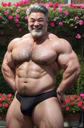  A full body Korean bodybuilder Smiling sweaty old man with gray hair extremely muscular and extremely fat over 70 years old weighs over 600 pounds very muscular very hairy large pecs with gynecomastia Large pointed dark nipples in front of a vine full of red roses with a pink lace thong 