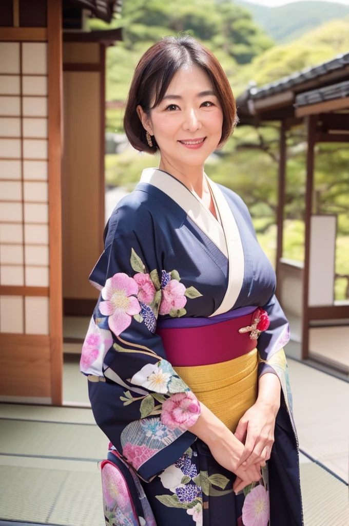 (top quality,masterpiece,ultra-detailed,photo realistic,Textured skin,anatomically correct,1.2),((upper body)),kimono,(45 years old),(Japanese mature woman),Natural eyebrows,(1 girl),smile a little,in kyoto,