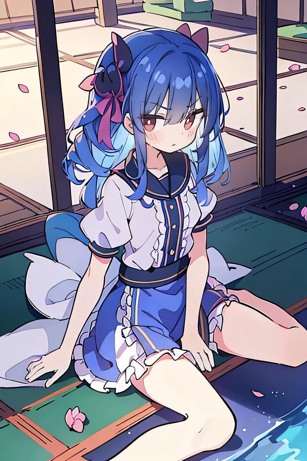 (best quality, masterpiece:1.2), expressive eyes, perfect face, 1 girl, hands on waist, beautiful, gorgeous, Japanese animation, Lola, Hinamori Angel, blue hair, floating clothes, waist grab, waist grab, hands on hips, sitting, sitting on the ground, legs on the ground, flat-chested, falling petals, sitting in a pavilion, pavilion.
