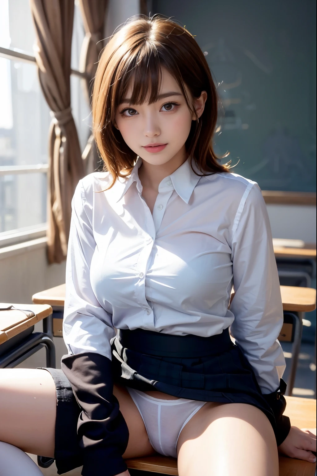 (reality: 1.4),highest quality, masterpiece, high detail, 16K quality, beautiful, 1 beautiful girl,japanese,super beautiful face,baby face,japanese idol face,cute face,super detailed face,detailed hand,beautiful skin,oily skin,big eyes,profeccional lighting,medium hair,black hair,brown beautiful eyes, smile,medium breasts, white shirt,open button,(checked skirt),white panties,(showing panties),black high socks,Sitting with Knees Up on desk,spread legs, she is looking at the camera,classroom, nsfw,from front,