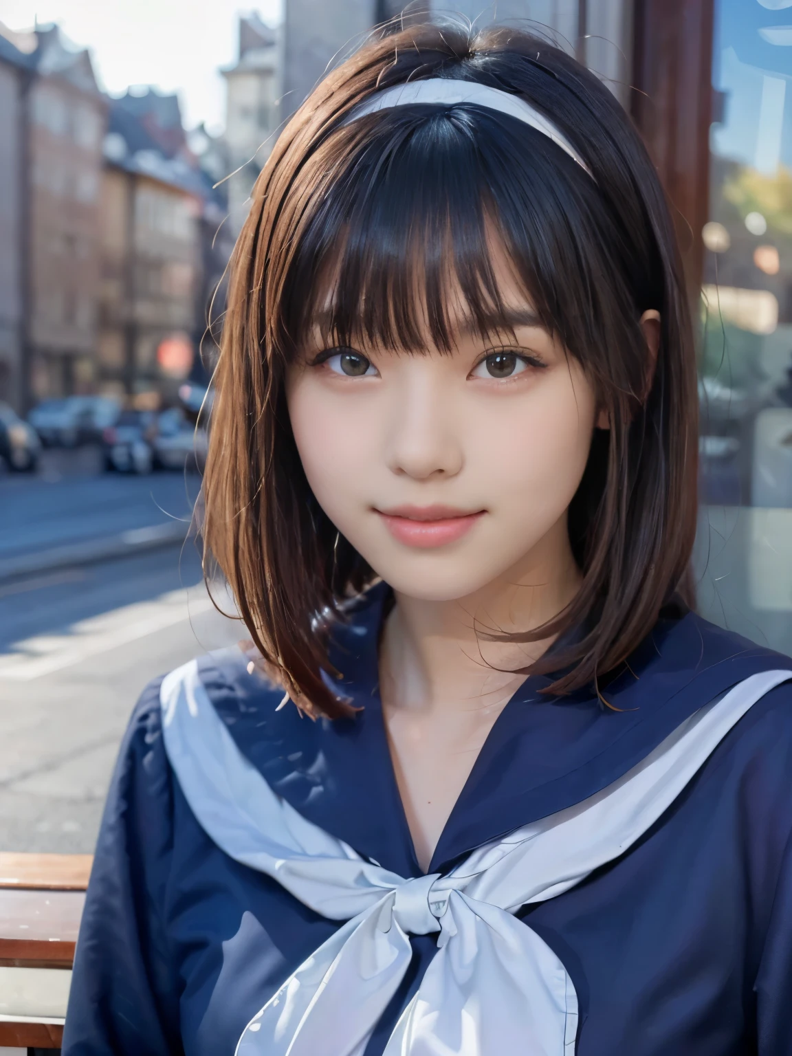 sailor uniform, One Woman, (Beautiful woman, delicate :1.3), Black Hair, Bobcut, Bangs, (8K), (highest quality: 1.2), (Realistic), (Realistic: 1.37), (masterpiece), (Ultra-high resolution), (Raw photo), (Absolute Resolution), (((face is small compared to body: 1.4))), (((Small face:１.4))), balanced face, (Small Mouth: 1.4), ((Slim female body: 1.4)), Black Hair, (((All navy blue long sleeve セーラー服))), Realistic女子高生, (((White headband))), Small breasts, Slanted Eyes, light blue eyes, (Cafe on the open terrace), Open your mouth, smile, Blurred, Bust Shot,