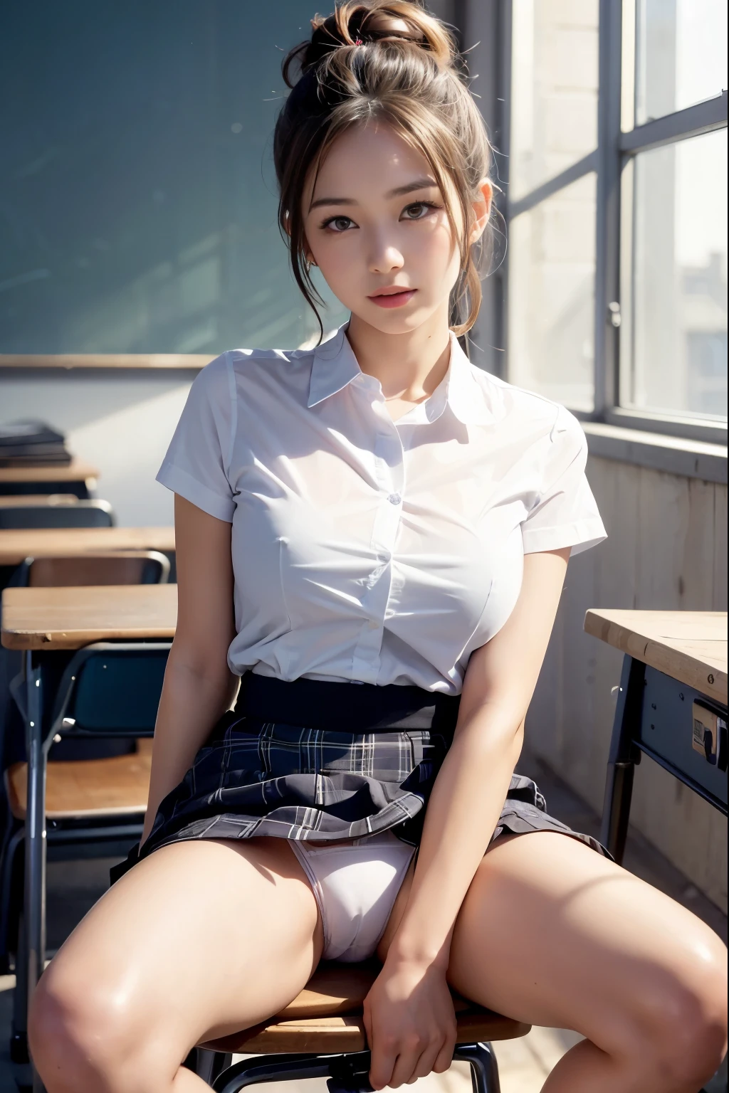 (reality: 1.4),highest quality, masterpiece, high detail, 16K quality, beautiful, 1 beautiful girl,japanese,super beautiful face,baby face,japanese idol face,cute face,super detailed face,detailed hand,beautiful skin,oily skin,big eyes,profeccional lighting,medium hair,black hair,brown beautiful eyes, smile,big breasts, white shirt,open button,(checked skirt),white panties,(showing panties),black high socks,Sitting with Knees Up on desk,spread legs, she is looking at the camera,classroom, nsfw,from front,