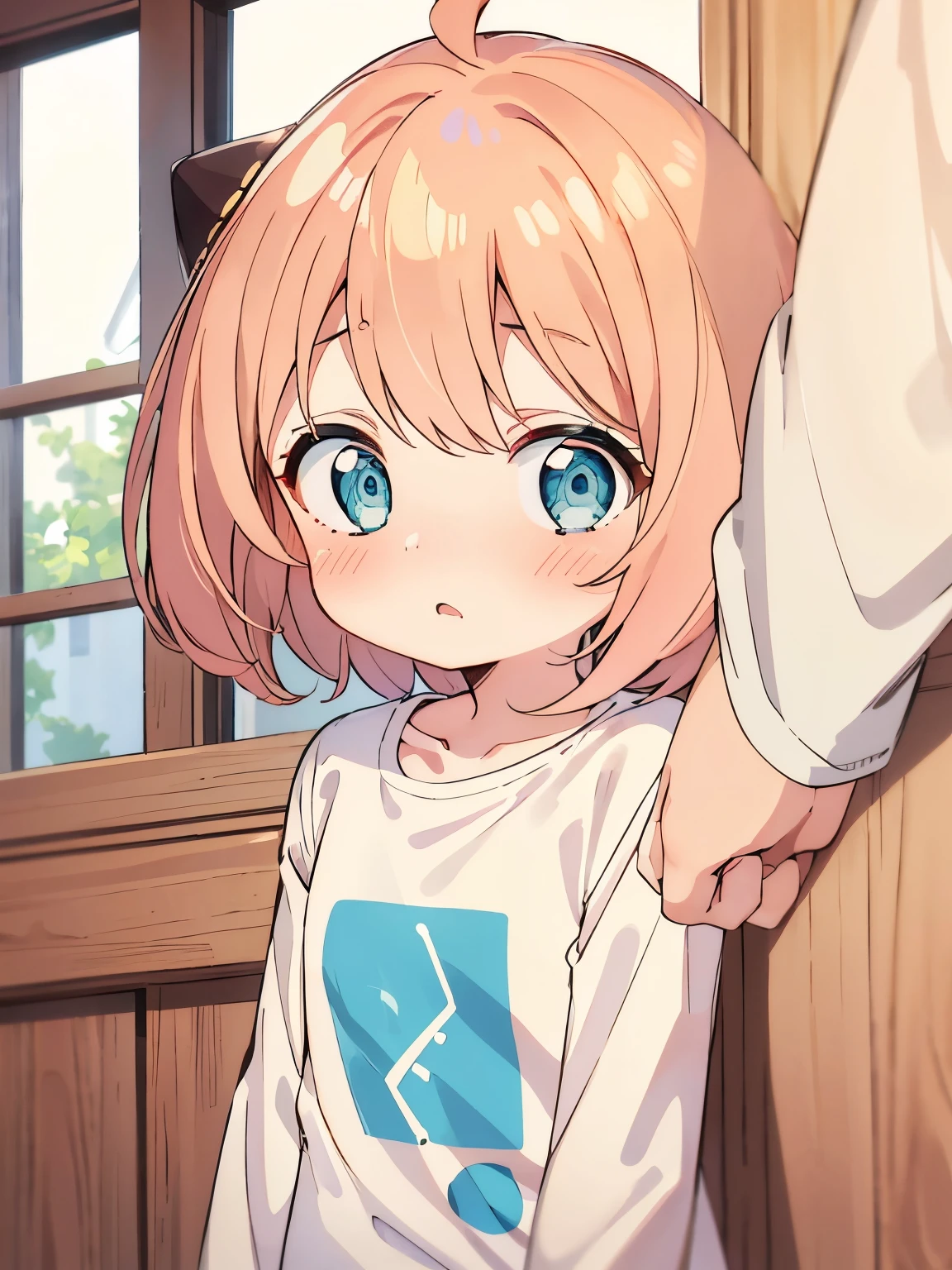 1girl,6 years old,blonde hair,Blush, shocked expression, blonde hair,short hair, blue eyes,Long sleeve t-shirt, white t-shirt, white trousers,very cute, very short hair, side bangs,ultra detail, ultra HD