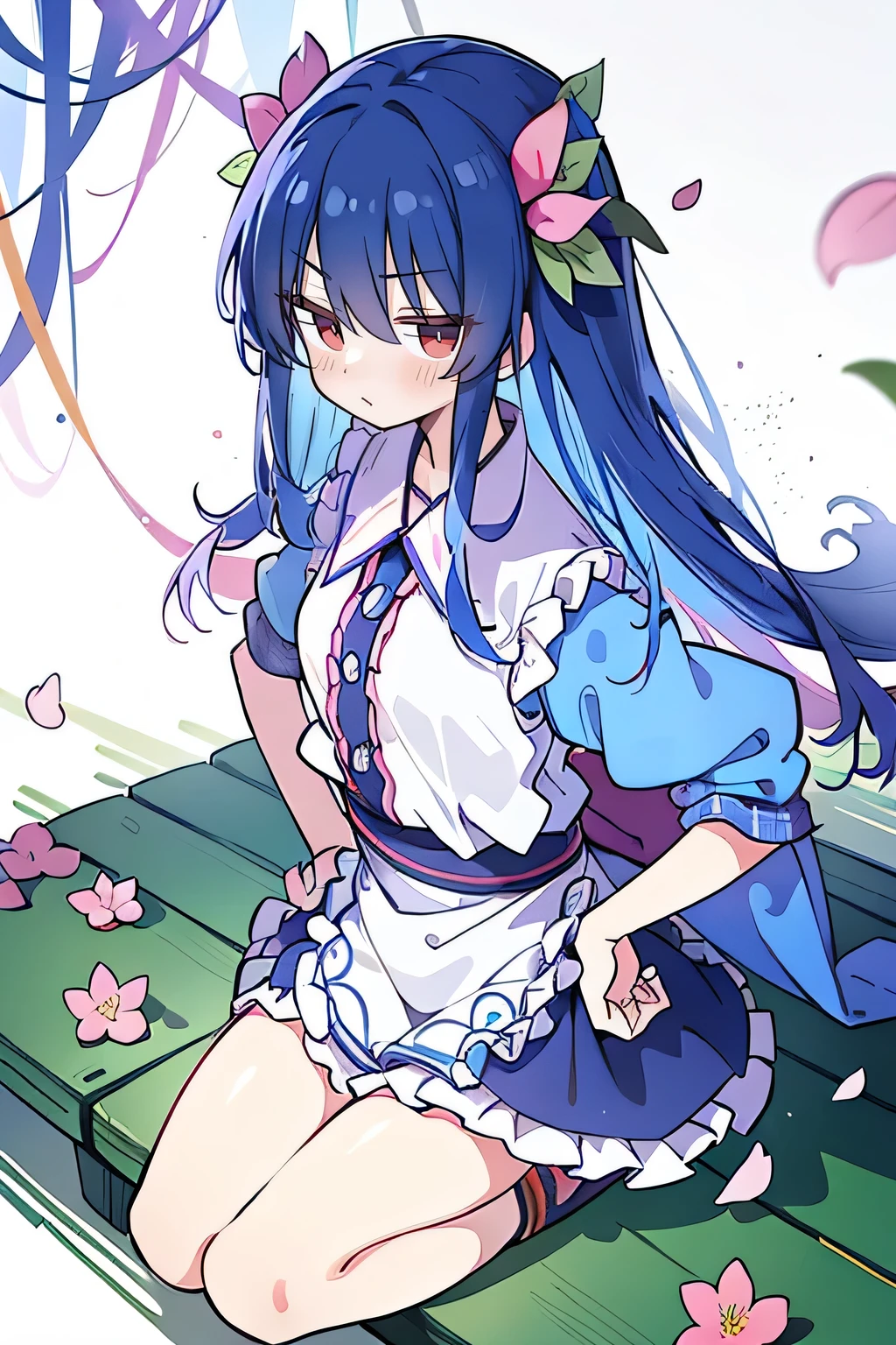 (best quality, masterpiece:1.2), expressive eyes, perfect face, 1 girl, hands on waist, beautiful, gorgeous, Japanese animation, Lola, Hinamori Angel, blue hair, floating clothes, waist grab, waist grab, hands on hips, sitting, sitting on the ground, legs on the ground, flat-chested, falling petals, sitting in a pavilion, pavilion.