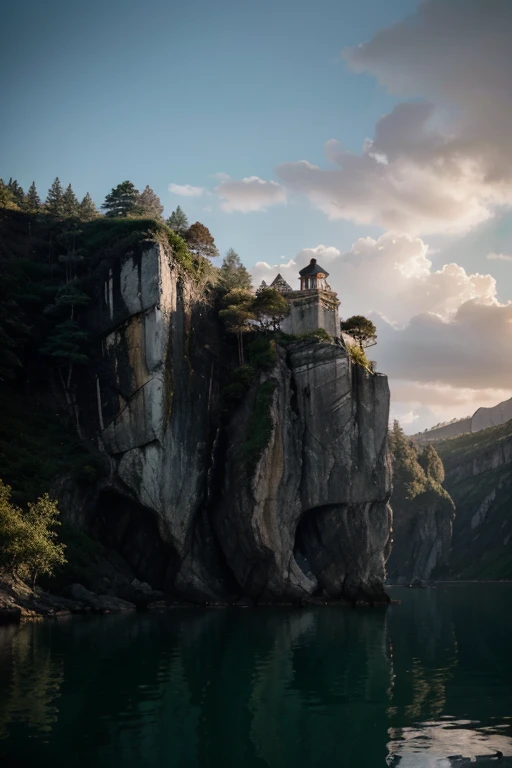 A photography that captures the essence of a magical dream - like world. An epic and legendary cliff that overhangs a beautiful lake, with surreal and vibrant colors illuminating its reflection. The atmosphere is otherworldly, with soft evening light casting ethereal shadows. The image creates a sense of depth and mystery, as if the viewer is being transported to another dimension, creating a beautiful and haunting composition. Shot with a Canon EosIII Zeiss 120mm wide
