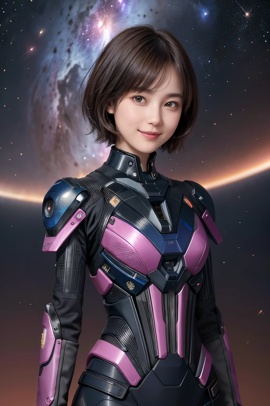 212 Short Hair, 20-year-old woman, A kind smile, Floral, Futuristic clothing, Mechanical Suit, (The background is a galaxy and nebula), ((Clothes with separate top and bottom))