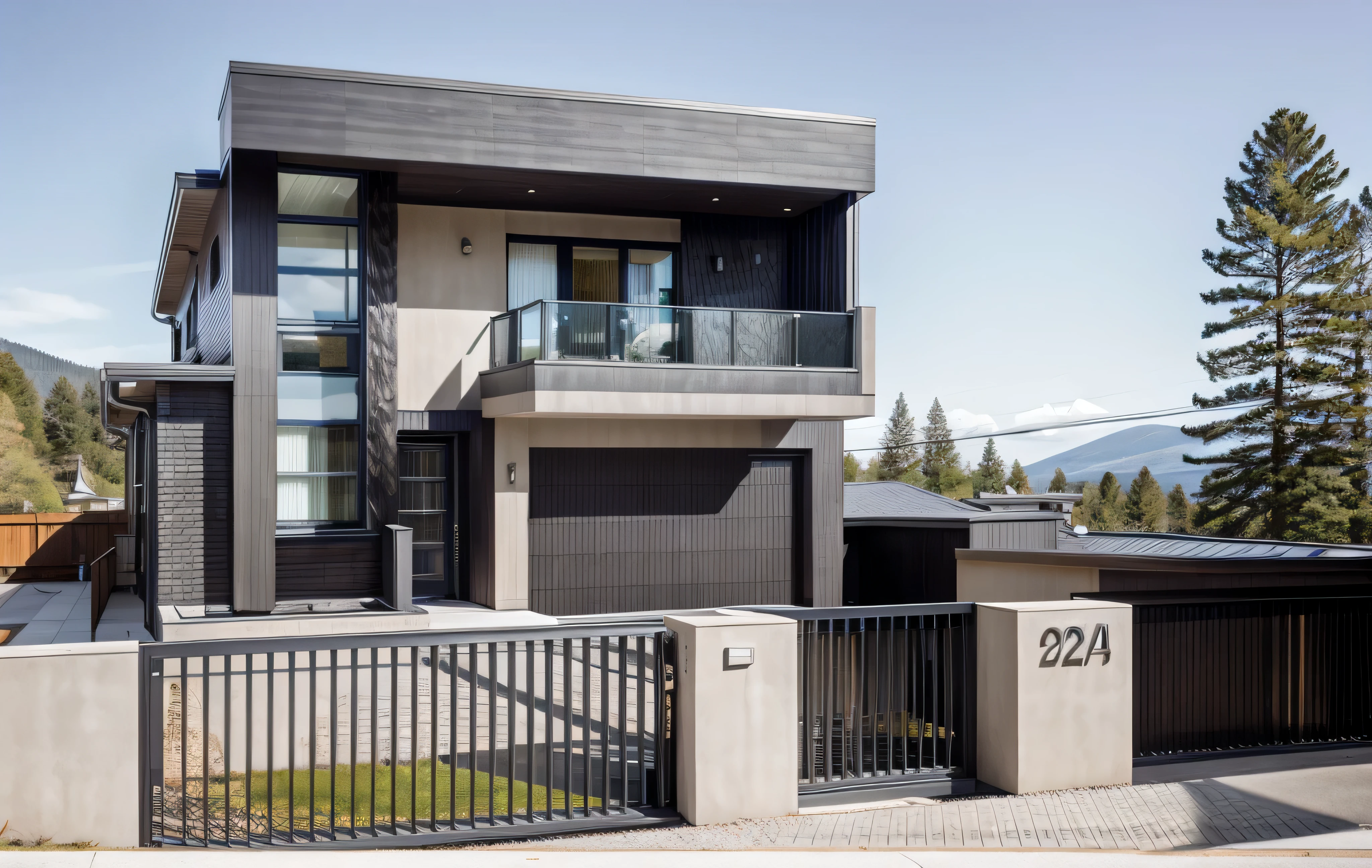 house exterior contemporary style, modernism, glass doors and windows,black metal rail, conwood ceilling, masterpiece, highquality, realistic photo, canon eos 5D mark, natural light,