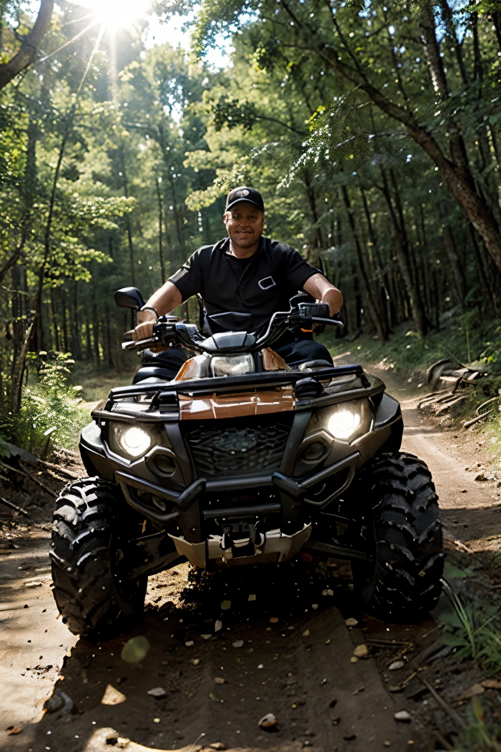Dad rides with his son on an ATV, mom rides next to him on the second ATV, they ride two ATVs through the spring forest, around the sun, puddles, trees.