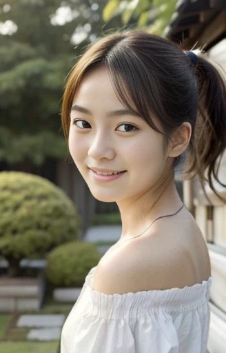 (Highest quality, Masterpiece), (Beautiful Japanese girl, ), The white shirt is very loose., openly, open shoulder, (freckles:0.6), ponytail, smile, garden, ID photo