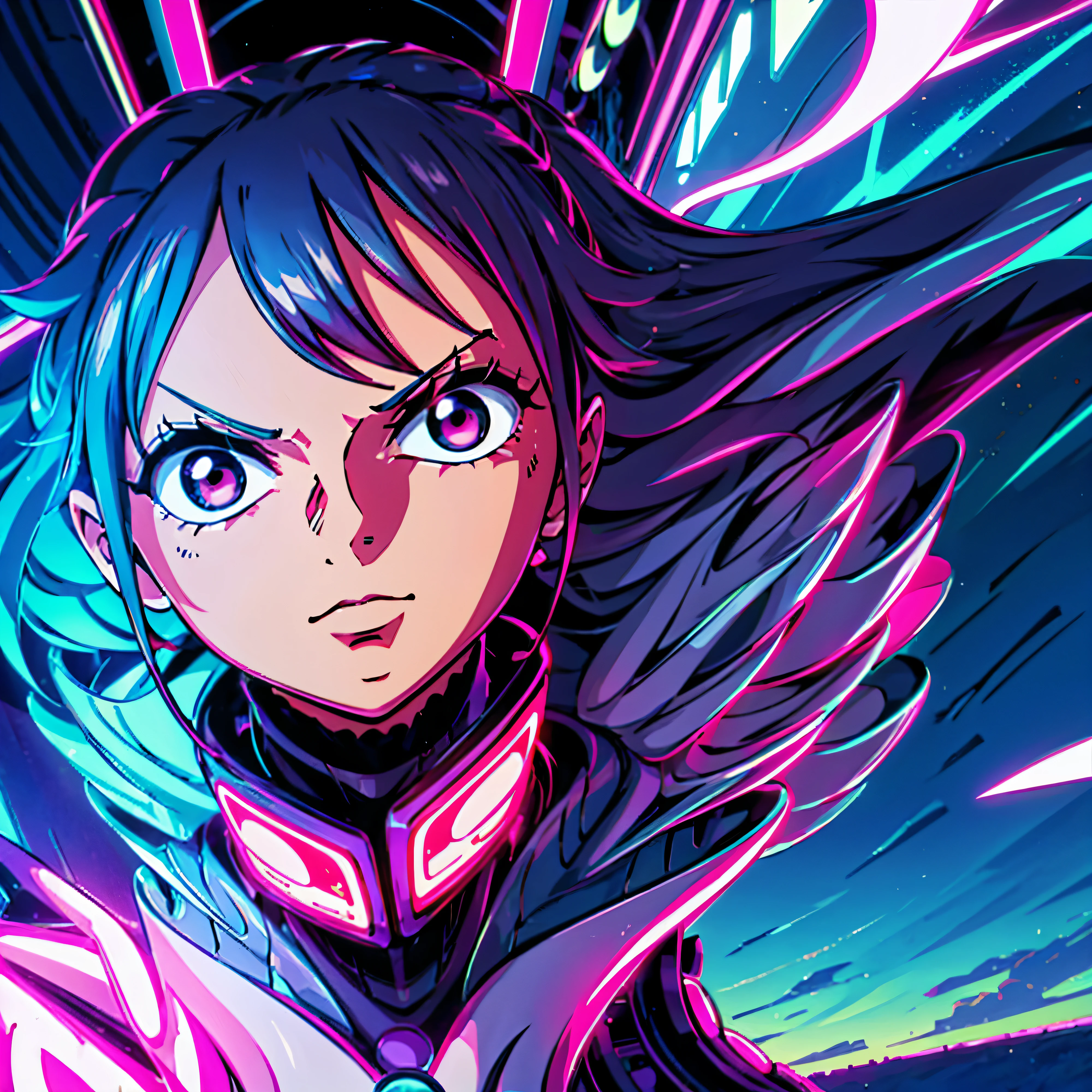 Make it in anime style. City of the future. Everything is in neon. The girl stands alone. beautiful. Very beautiful, but serious. Because the future is without a future. For the track cover of the Synthwave genre. Name of the track. - Night Drive.