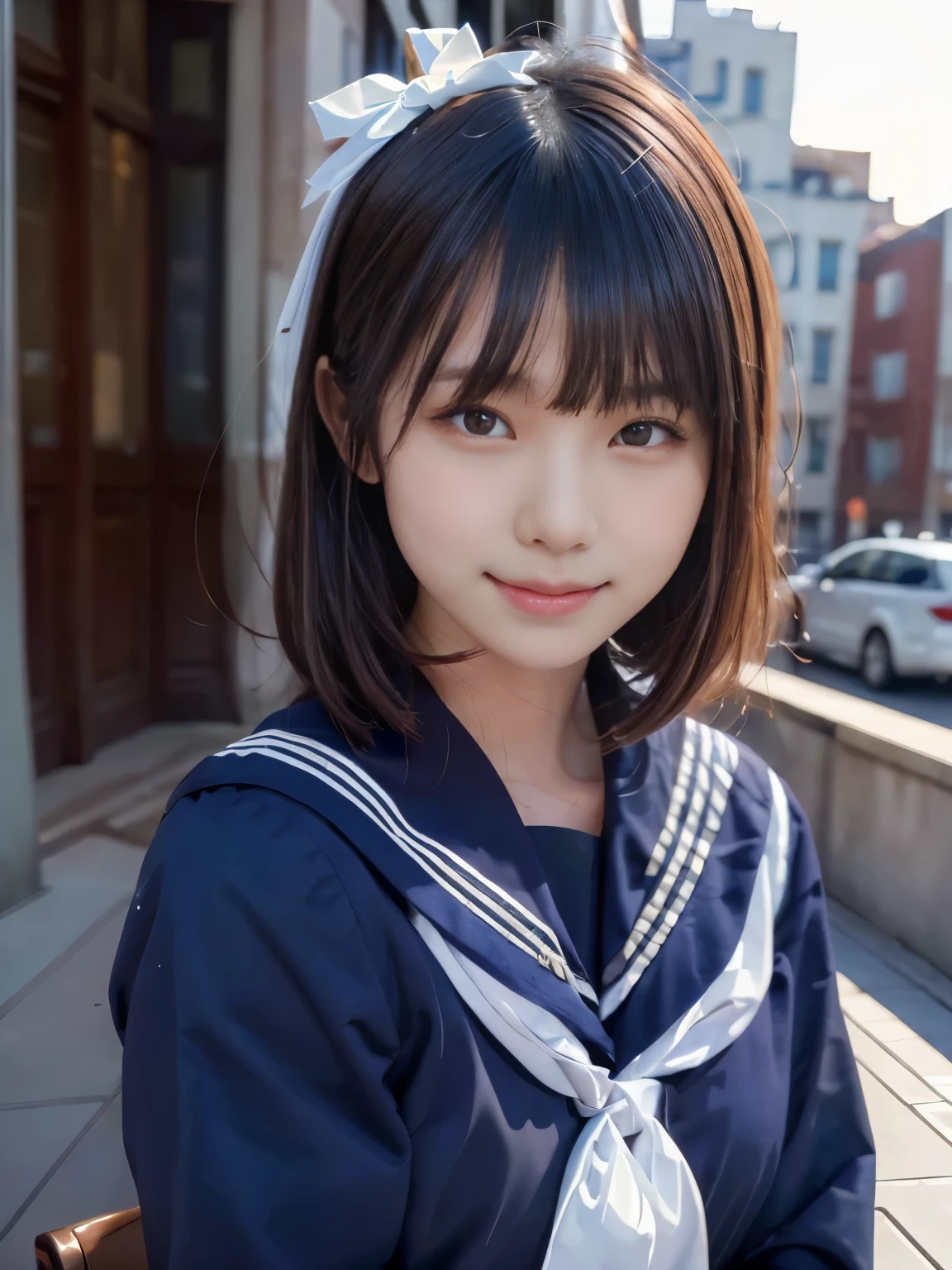 sailor uniform, One Woman, (Beautiful woman, delicate :1.3), Black Hair, Bobcut, Bangs, (8K), (highest quality: 1.2), (Realistic), (Realistic: 1.37), (masterpiece), (Ultra-high resolution), (Raw photo), (Absolute Resolution), (((face is small compared to body: 1.4))), (((Small face:１.4))), balanced face, (Small Mouth: 1.4), ((Slim female body: 1.4)), Black Hair, (((All navy blue long sleeve セーラー服))), Realistic女子高生, (((White headband))), Small breasts, Slanted Eyes, light blue eyes, (Cafe on the open terrace), Open your mouth, smile, Blurred, Bust Shot,