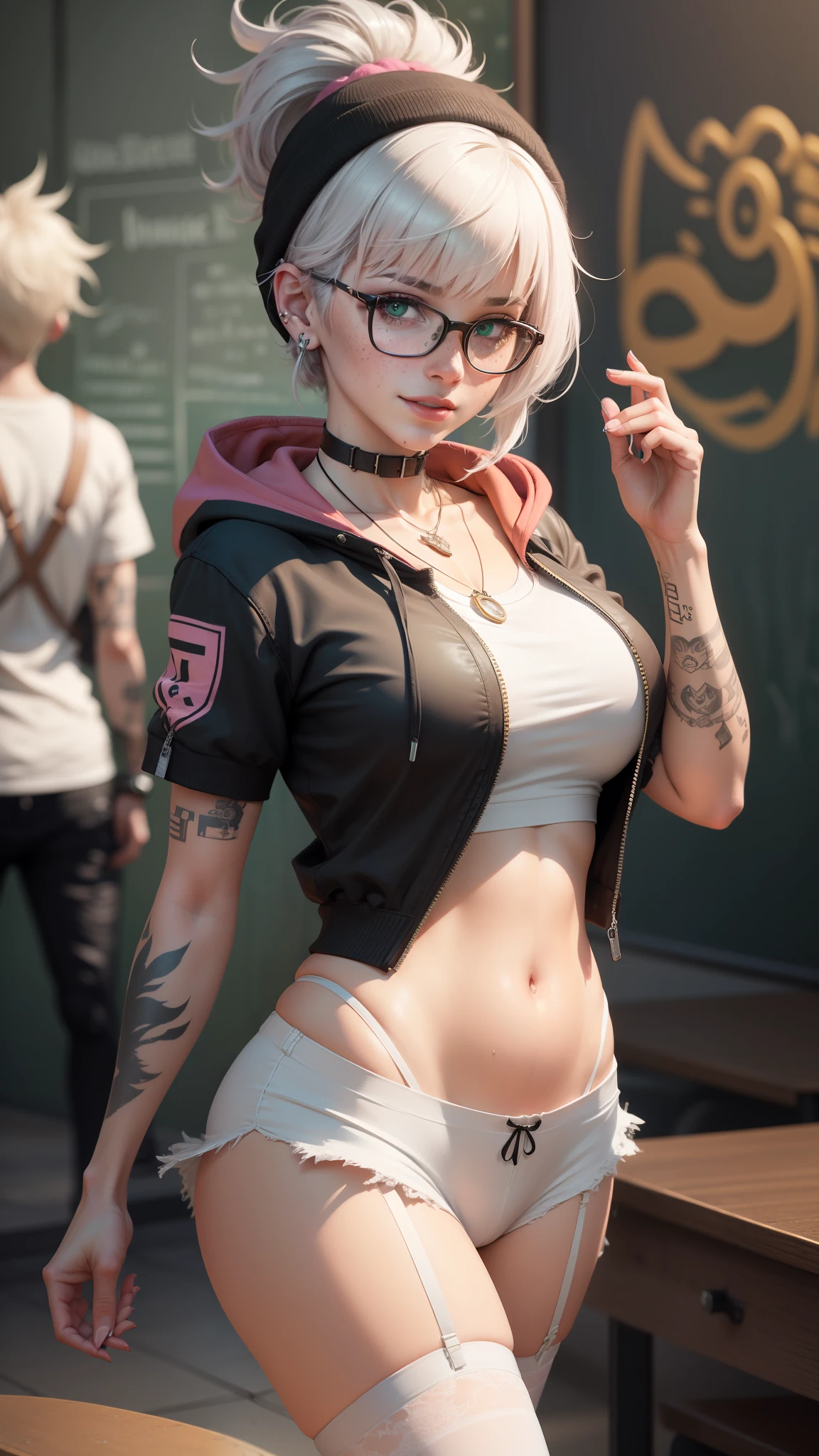 gwen tennyson,tracer,y'shtola rhul,yorha 2b,overwatch,nier automata,mecha pilot,classroom,tattoos,orange and pink plugsuit,white short sleeve school top,white micro school skirt,garter belt, uncovered belly,short hair,punk makeup,green eyes,multicolored silver hair,sexy smile,freckles,beautiful girl,large breasts,8k,ultra detailed, realistic,fantasy art,,ear piercings,school teacher,saiyan girl,pink short sleeve school hoodie,glasses,bow beanie,graffiti wall art,walking,small purse,cute necklace,wet shirt,