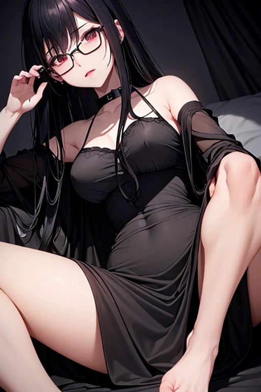 Dark Room、Late Night、Dark lamps、dark shadow、darkness、Beauty、noble、Black long straight hair、Red lipstick、Cool Beauty、sex appeal、Glasses、negligee、On the bed、From below、Bare Skin、Alluring、expose one&#39;s chest、Estrus、lure、Sweat、abuse