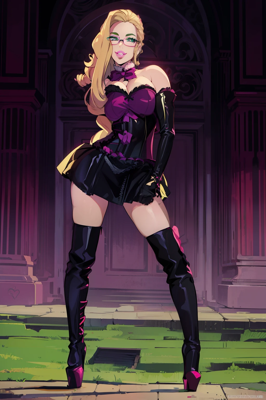 Long wavy blonde hair, green eyes, glasses, pink bow,  massive , big ass, juicy lips, big lips, droopy purple eyes, massive lashes,smiling, ((platform boots)), gothic clothes, dark makeup, lace, corset, ((plain background))