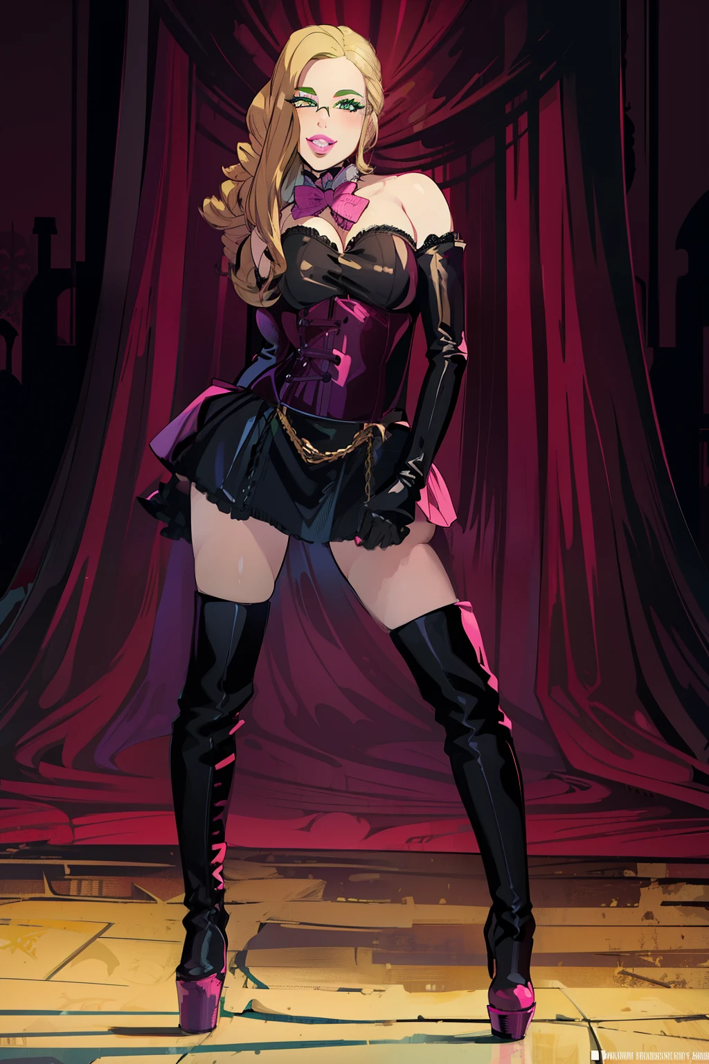 Long wavy blonde hair, green eyes, glasses, pink bow, massive , big ass, juicy lips, big lips, droopy purple eyes, massive lashes,smiling, ((platform boots)), gothic clothes, dark makeup, lace, corset, ((plain background))