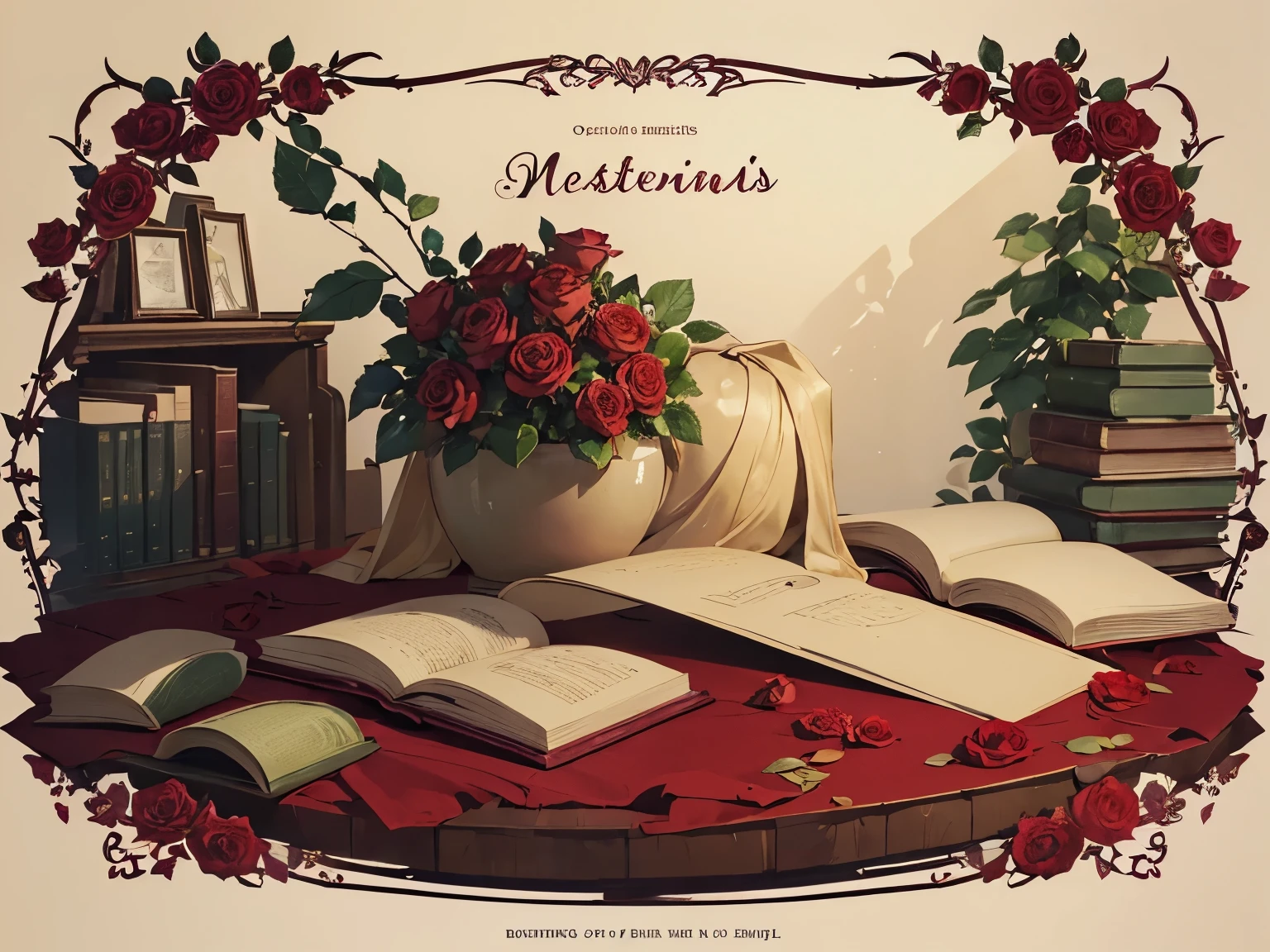 ((Best quality)), ((Portfolio title for the section "Printed materials")), (detailed), beige background color, green rose thorns, Burgundy rose flowers. (((NO LETTERS))) (Lots of roses), elegance. ((without people)), (books)