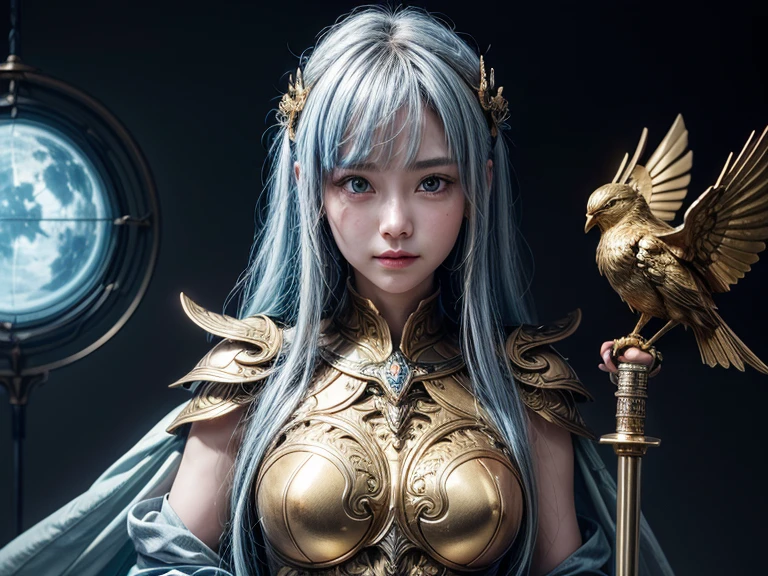 realisitic、4K、8K, Photo Quality、Flying in the sky、photogenic、cyborgs、Have a golden sword、Metal Bird、Metal Bluebird、、Smiling、Looking at me kindly、(intricate-detail)、nffsw、(intricate-detail、ultra-detailliert:1.2)、Cinematic shots、full body Esbian、Hair is pale light blue、Holding the golden sword