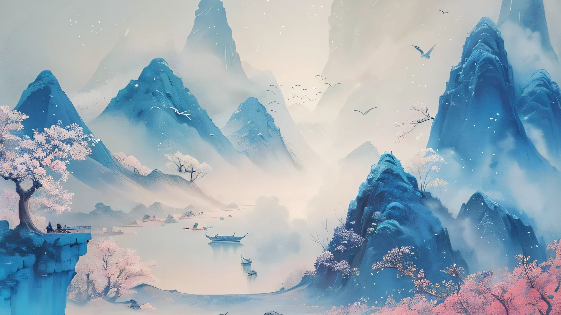 Painting with mountains、Boat and birds, Chinese watercolor style, Chinese scenery, Chinese style painting, Traditional Chinese painting style, Detailed scenery —width 672, Japanese-style, Traditional Chinese watercolor, traditional Chinese painting, Serenity illustration, Landscape Artwork, Beautiful art UHD 4K, 3840 x 2160