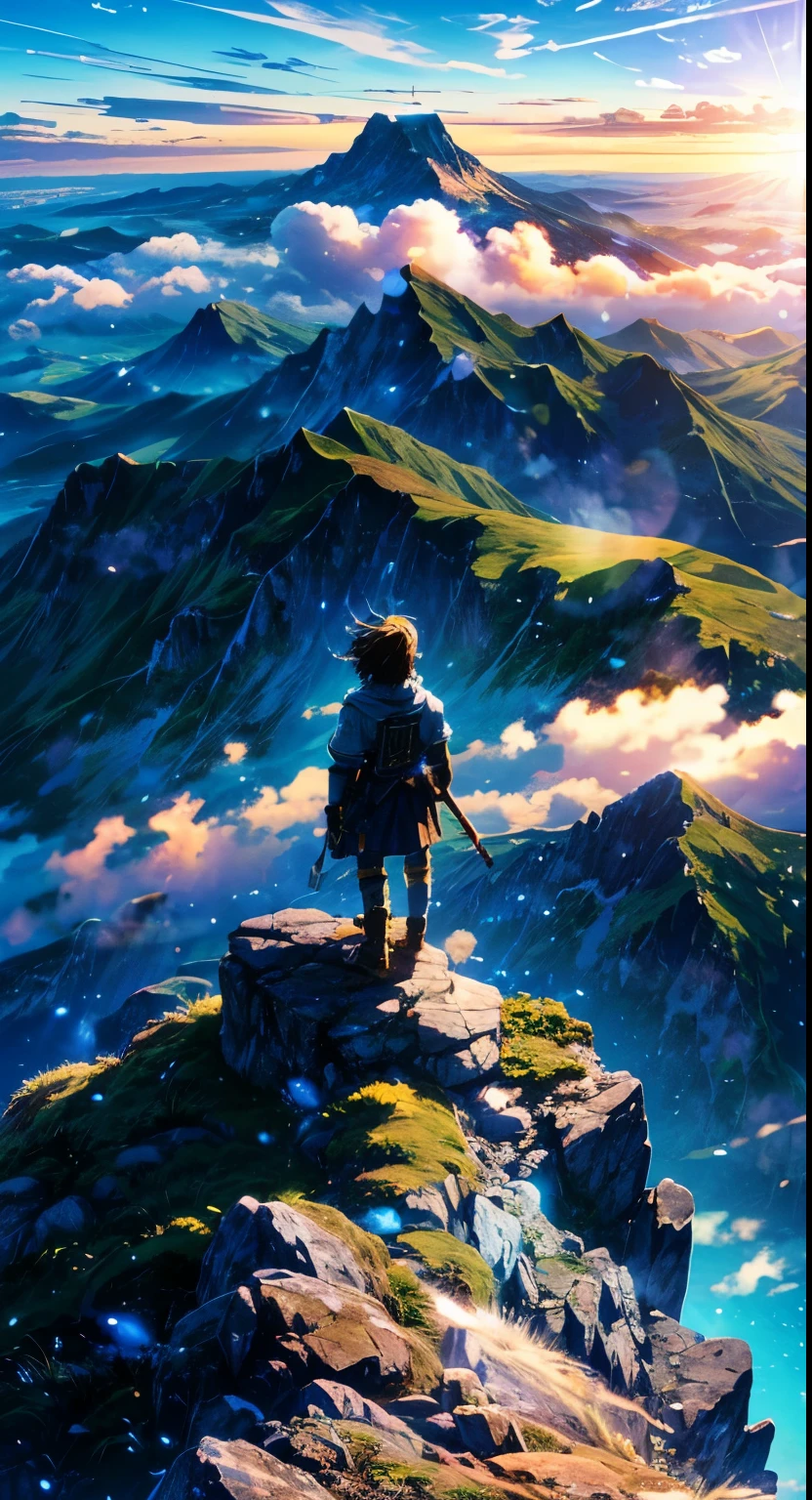 A lone warrior standing atop a mountain peak, gazing out at a vast ocean of clouds(bright blue shinning sky)(greenish view)(bokeh effect)