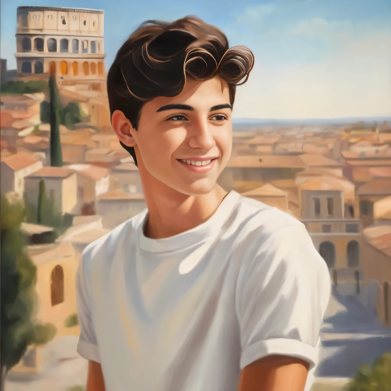 painting of a boy with a white shirt and a city in the background, inspired by Romano Vio, portrait of a young italian male, inspired by Antonio Ciseri, inspired by Gentile Tondino, portrait a 1 5 - year - old boy, high quality portrait, inspired by Pietro Testa, airbrush digital oil painting, young greek man