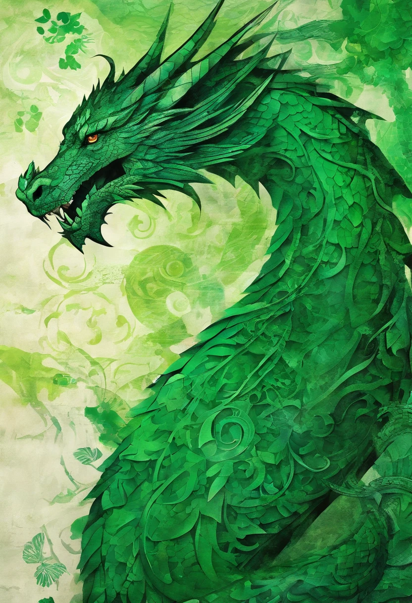 emerald green dragon irish green, devin, prophet, regard intense profond, posture solide, green forest background ::2 colorful ink painting ::2 art fantasy