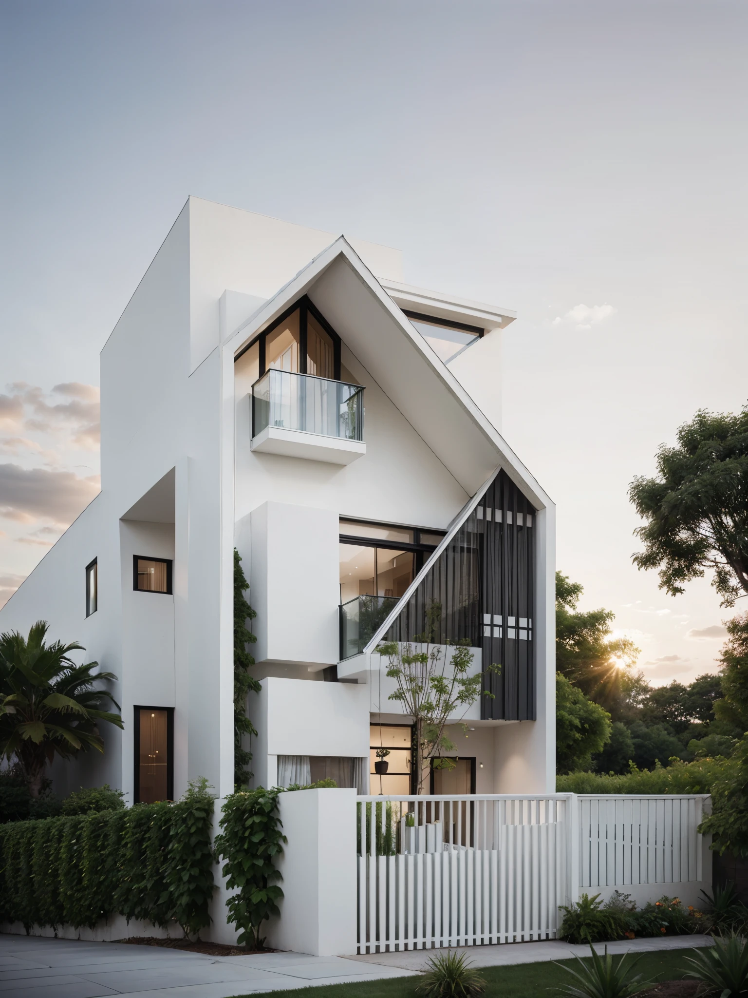 Exterior house, modern architecture, white and light timber colour scheme, black window frame, plants and trees on balcony, sunset, masterpiece, high quality, realistic.