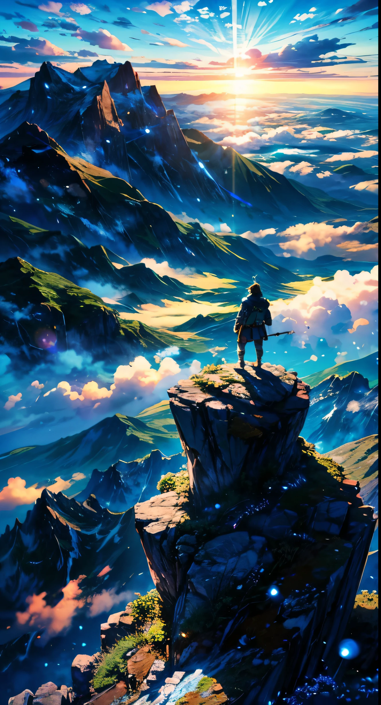 A lone warrior standing atop a mountain peak, gazing out at a vast ocean of clouds(bright blue shinning sky)(greenish view)(bokeh effect)