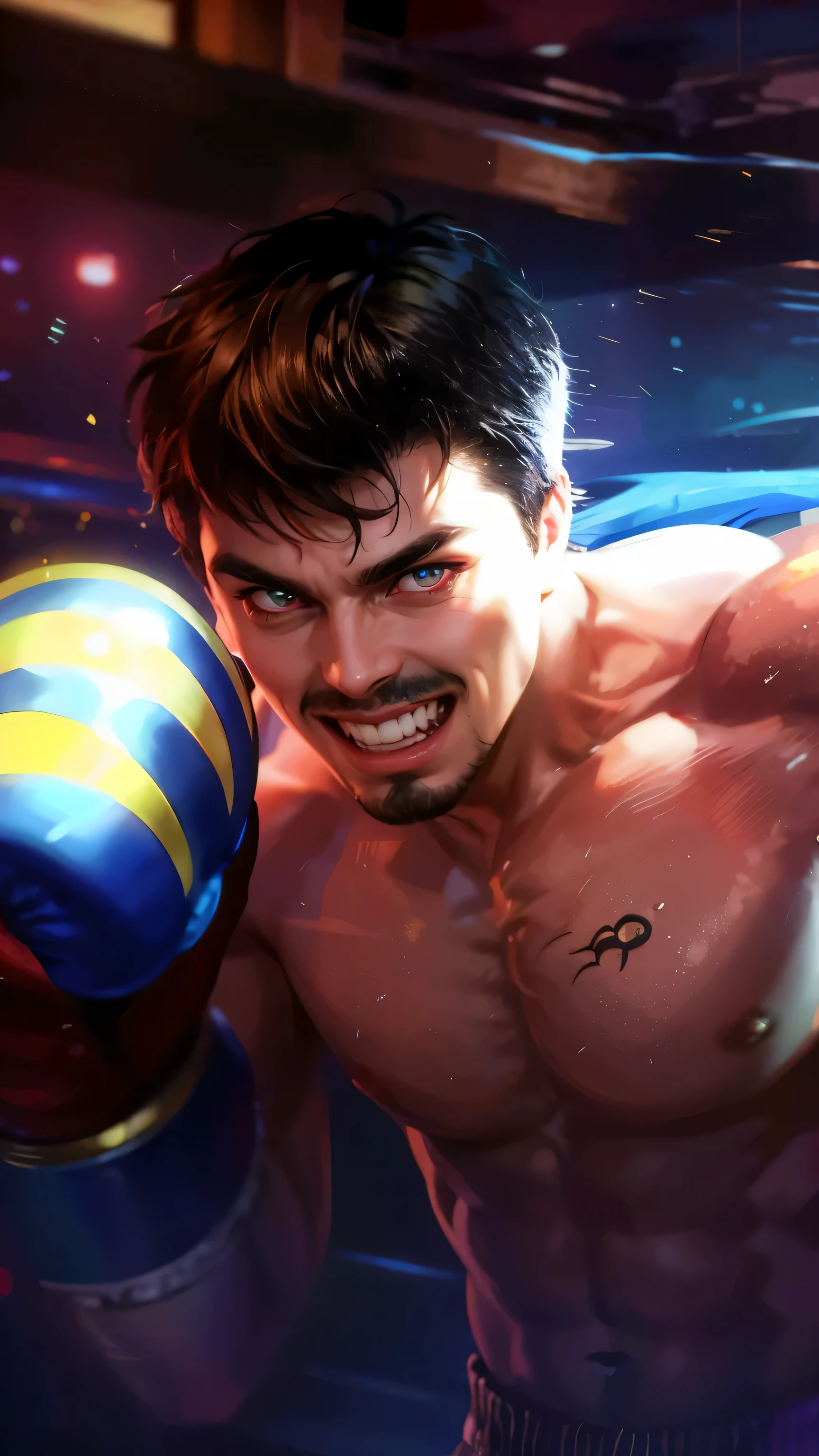 Best quality, masterpiece, detailed skin texture, detailed clothes texture, detailed face, super detail, 8k, intricate detail, 1 boy, The color doesn't change, Muscle guy, 1 guy, strong red eye glow (red eye:1.2), lots hair,scary, evil smile