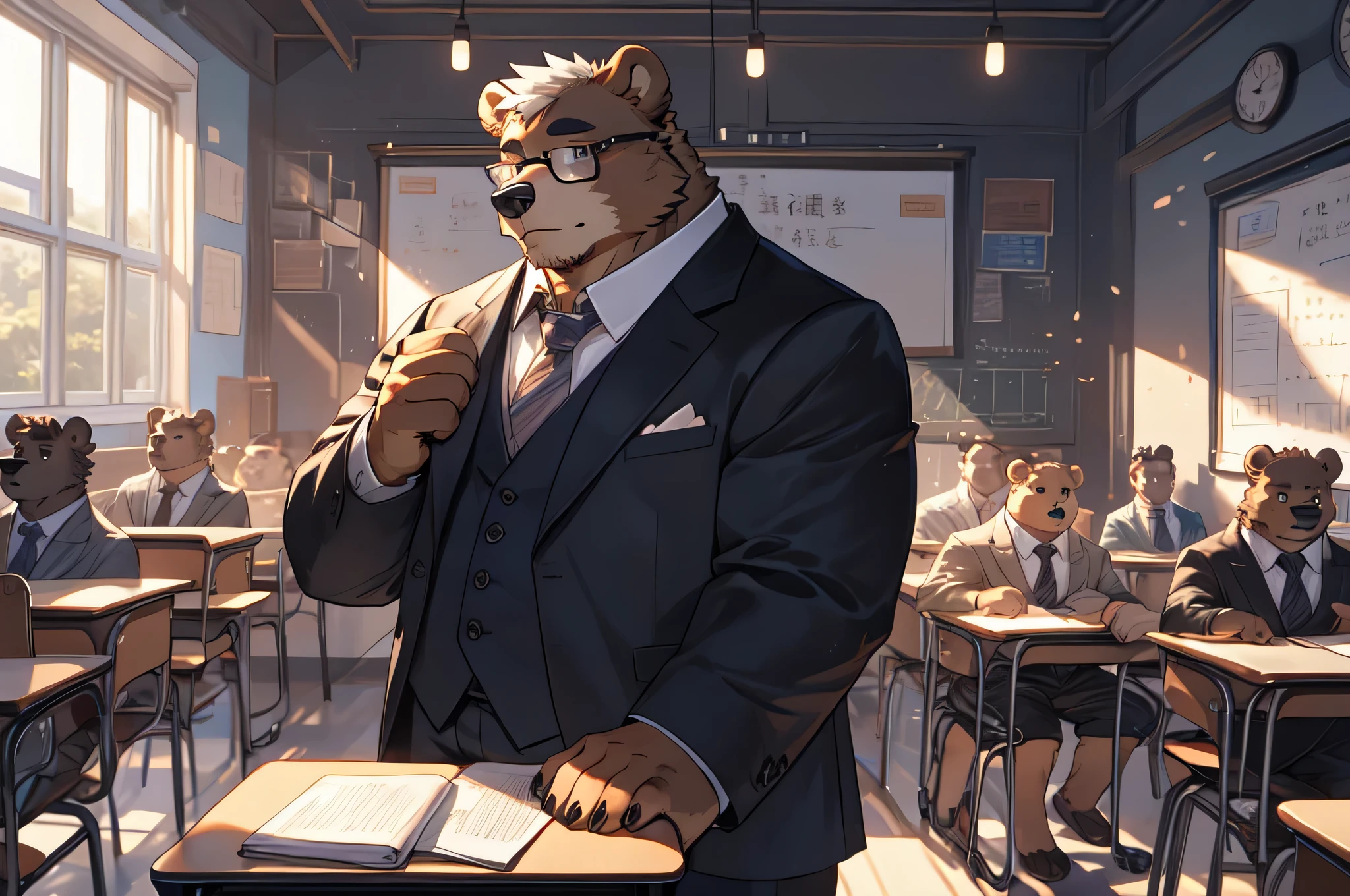 bear,Bear Furui,30 years old,Wear glasses with perfect details,Gentle expression,Wearing a nice suit,Muscular man,small beard,Delicate hands,Delicate eyes,To the camera,Biceps,Fat-covered body,Individuality,classroom,Are standing,full body shot
