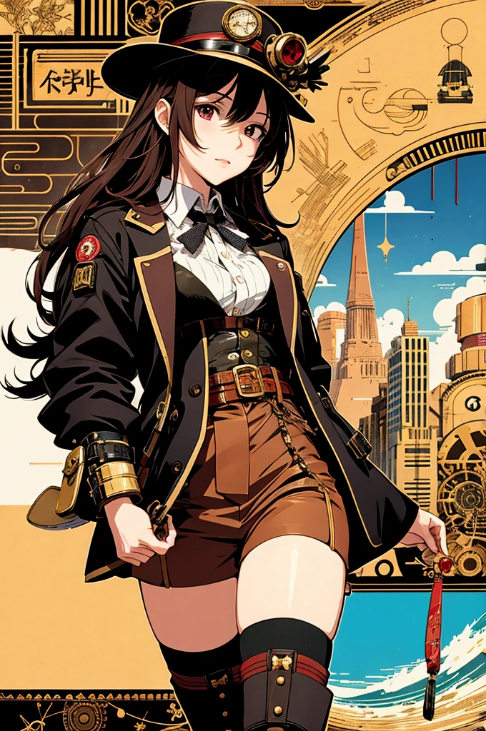 Please generate illustrations in the style of Yoshitake Yamane,a steampunk style girl,please make sure to have unique colors and brushstrokes similar to the works of Yoshitake Yamane,