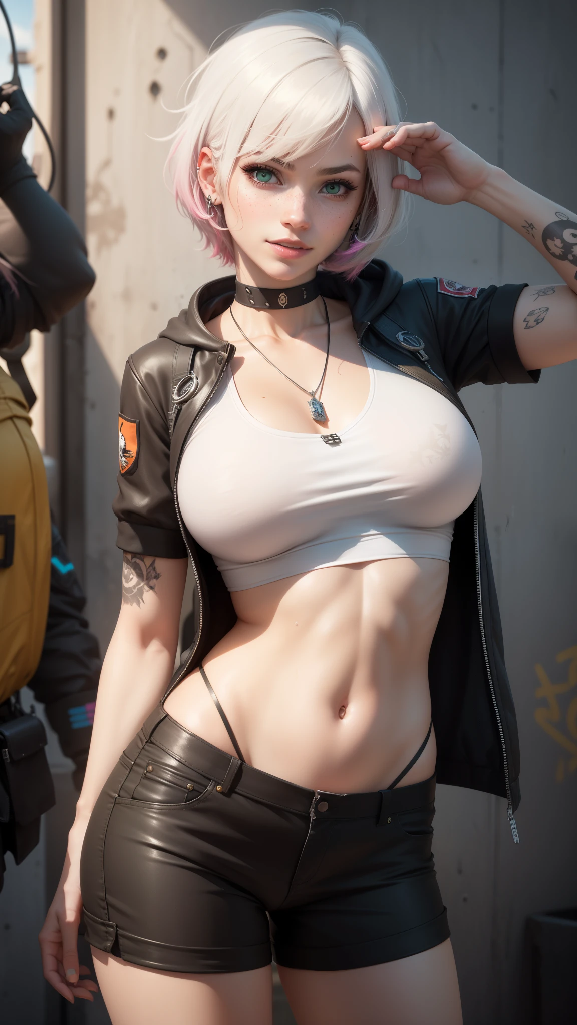 gwen tennyson,tracer,y'shtola rhul,yorha 2b,overwatch,nier automata,mecha pilot,military base,tattoos,orange and pink plugsuit,white short sleeve lycra top,micro cargo shorts,uncovered belly,short hair,punk makeup,green eyes,multicolored silver hair,sexy smile,freckles,beautiful girl,large breasts,8k,ultra detailed,realistic,fantasy art,punk girl,ear piercings,military uniform,steel armor,pink short sleeve pilot hoodie,graffiti wall art,pilot necklace,pilot headphones,wet clothes, salute,