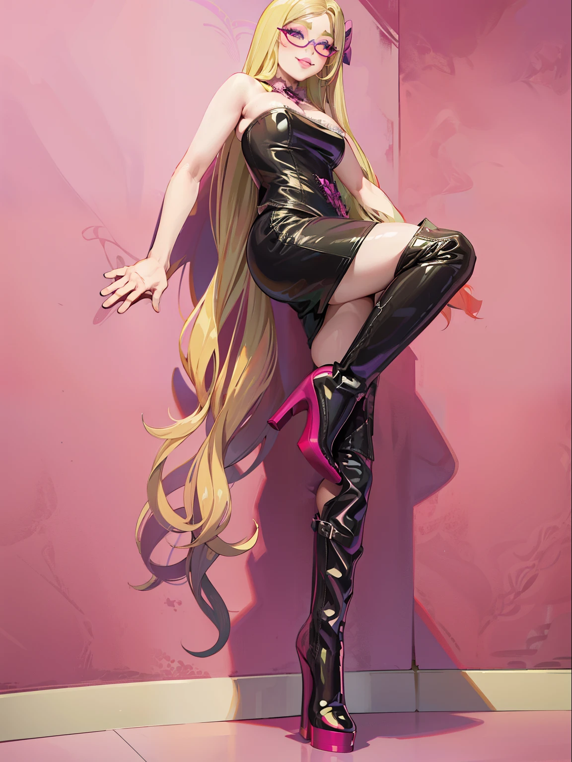 Long wavy blonde hair, green eyes, glasses, pink bow, massive , big ass, juicy lips, big lips, droopy purple eyes, massive lashes,smiling, ((platform boots)), gothic clothes, dark makeup, lace, corset, ((plain background))
