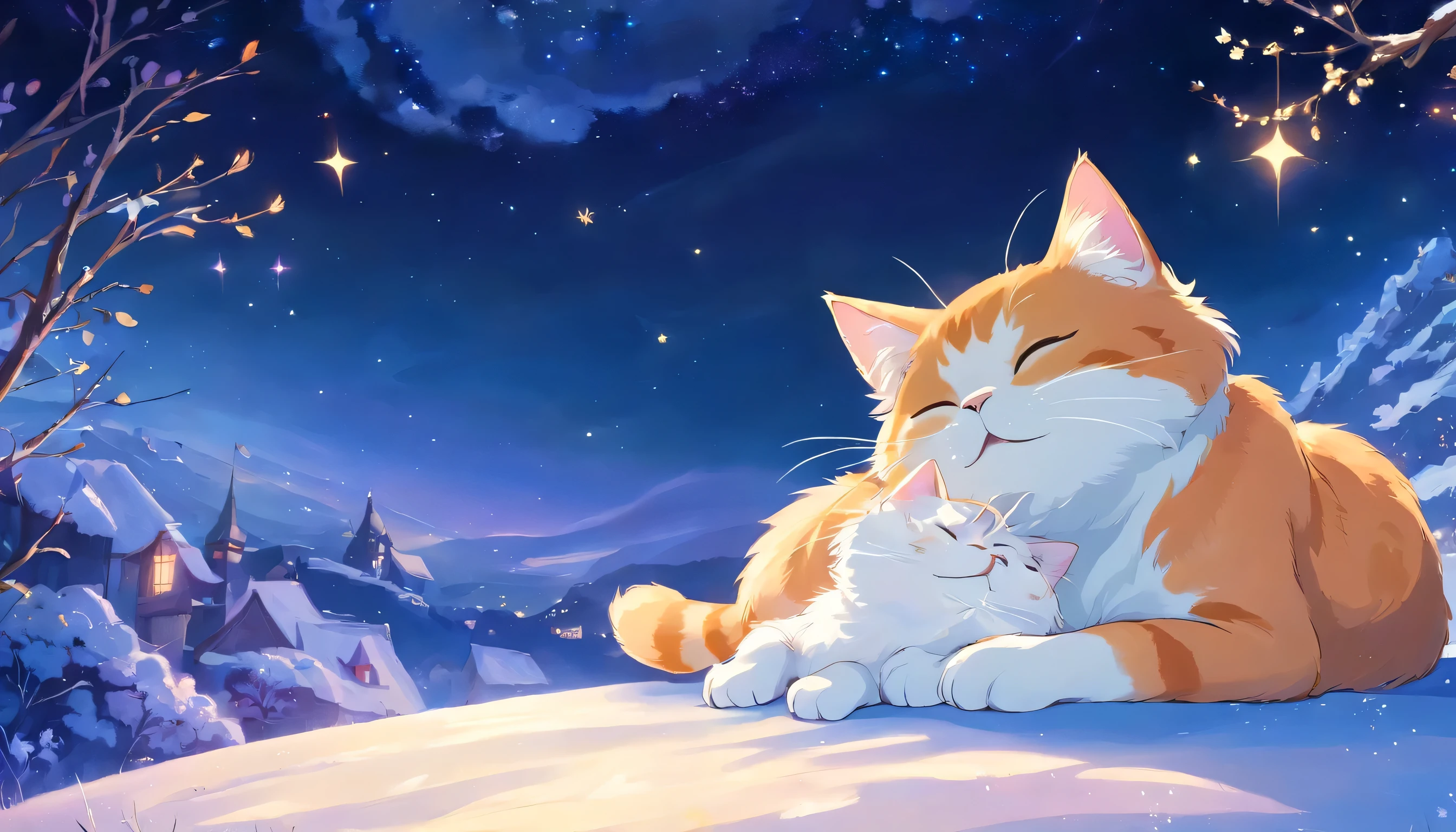 Please draw a picture that meets the following conditions.
The angle of view is a close-up，HD, Disney Pixar style, digital painting, natural lighting, rich background, edge lighting, dreamy color tone, color palette, aspect ratio 16:9This picture depicts a small orange-and-white cat lying peacefully on a cloud that looks like snow, with its eyes closed, as if enjoying a sweet dream. The cat’s expression is very calm and content, with its mouth corners slightly turned up as if it’s smiling. The background of the painting is a dreamlike starry sky, adorned with dangling stars and soft halos, some of which connect with graceful lines to create a quiet and peaceful night atmosphere.The overall style can be described as full of fantasy and fairy-tale colors. The entire image is dominated by warm and bright colors, The use of color is soft and layered; the orange and white cat contrasts sharply with the dark blue and purple background, creating a warm versus cool tone that enhances the snug feel of the picture.presenting a peaceful, warm, and pleasant feeling that makes one’s mood very relaxed and happy after looking at it. In addition, the details of the painting are exquisitely handled, such as the texture of the cat’s fur, the fluffiness of the clouds, and the twinkling starlight, all of which add to the picture’s delicacy and charm.