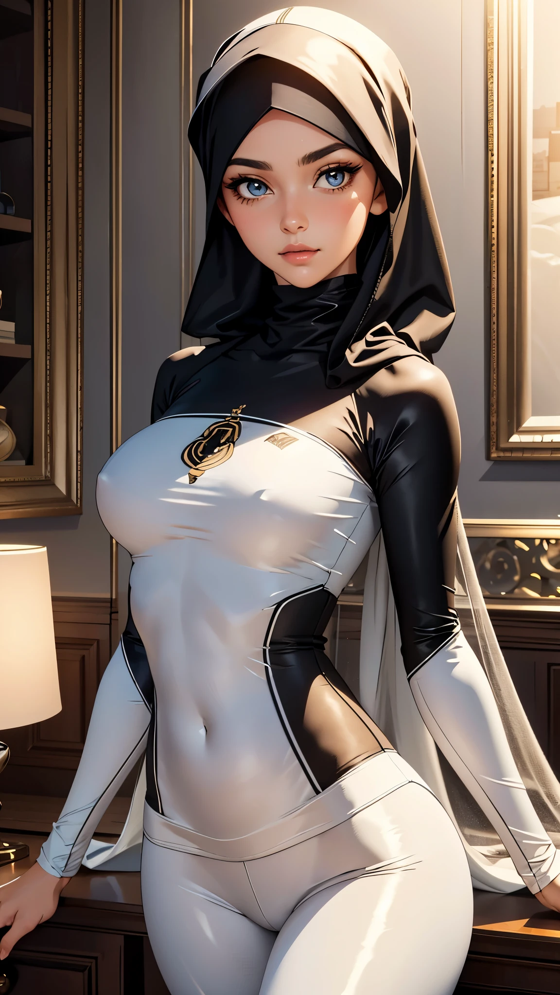 8k CG masterpiece, meticulously crafted with the best quality, showcasing exquisite photographic realism. Every detail of her beautifully made-up face comes alive, from her smokey eyeshadow to her elegant long eye lashes framing her beautiful big eyes. The hijab she wears is intricately designed, with a loose and fluid hijab style, the fabric gently draped around her, and the satin material reflecting the soft diffused lighting.
She's captured in a full-length frame, her figure athletic and toned, dressed in a tight and clingy long sleeve soccer jersey and leggings. Sweat glistens