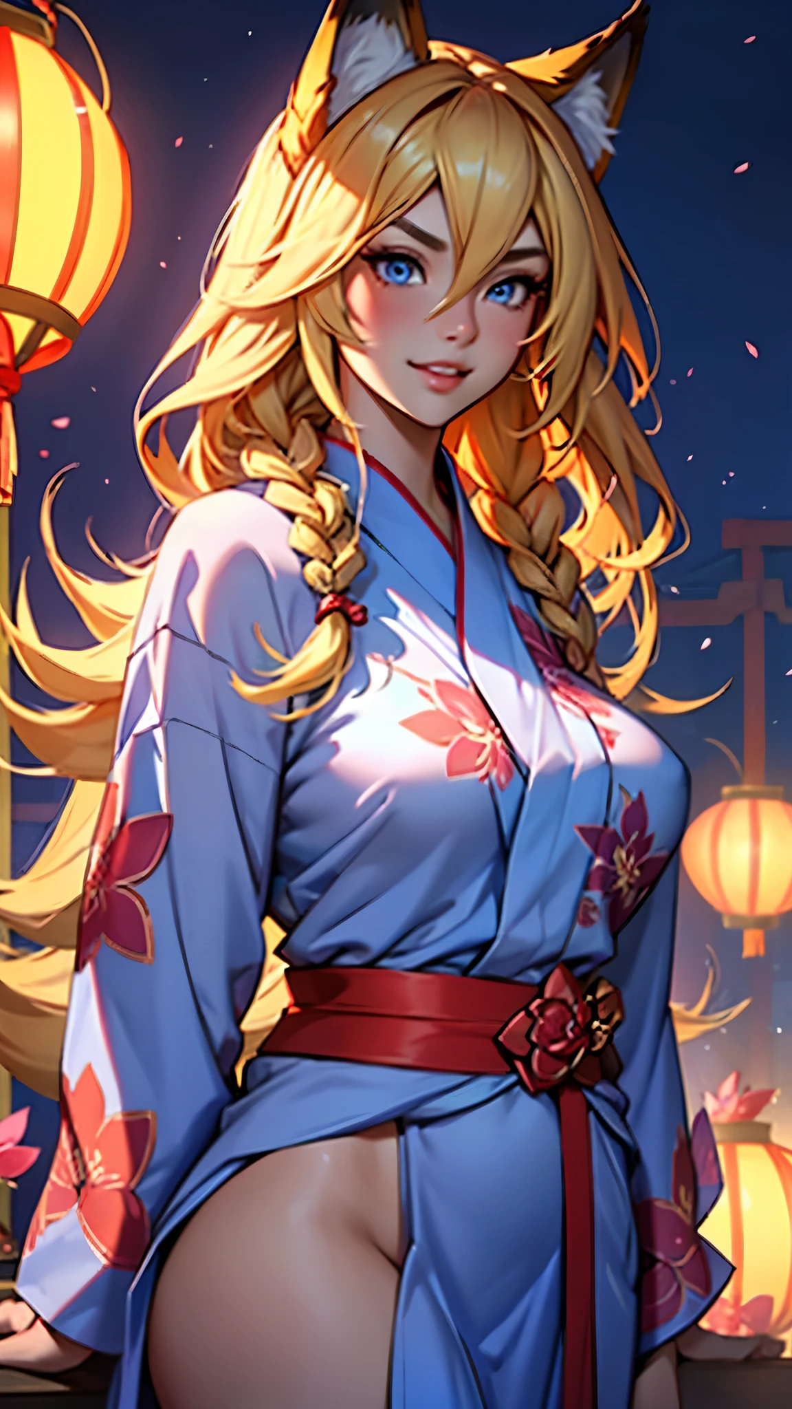 A portrait of a radiant adult woman with a warm smile directed at the viewer, she have nine "vulpine tails"(foxtails),Ahri (league of legend), Her long blonde hair is straight(frensh braid)(hair red flower)((hime cut)),"Her hairs are hidding her ears", Her eyebrows are small and refined, captivating purplish-blue eyes with bold red eyeshadow applied generously at the bottom of her eyes, Her facial features are delicate and finely shaped with a small refined nose and full lips, large and tall fluffy fox ears in vibrant orange with black tips, no clevage, Woman body set big breasts((accentuated large hips)), perfect body, She wears a wide traditional blue yukata adorned with intricate floral patterns(blue yukata),the background features a vibrant Chinese New Year celebration, lanterns, fireworks, traditional decorations, beautiful scenery,(Masterpiece, best quality, ultra-detailed),8k ultra-detailed features