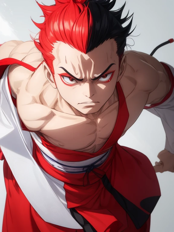 In the Kabuki recruiting book、Kumatori on the face(Draw a red line on a white background)Sukeroku stepping on six directionale 、Kabuki stage、Bright lighting
