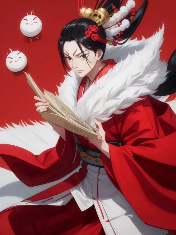 In the Kabuki recruiting book、Kumatori on the face(Draw a red line on a white background)Sukeroku stepping on six directionale 、Kabuki stage、Bright lighting