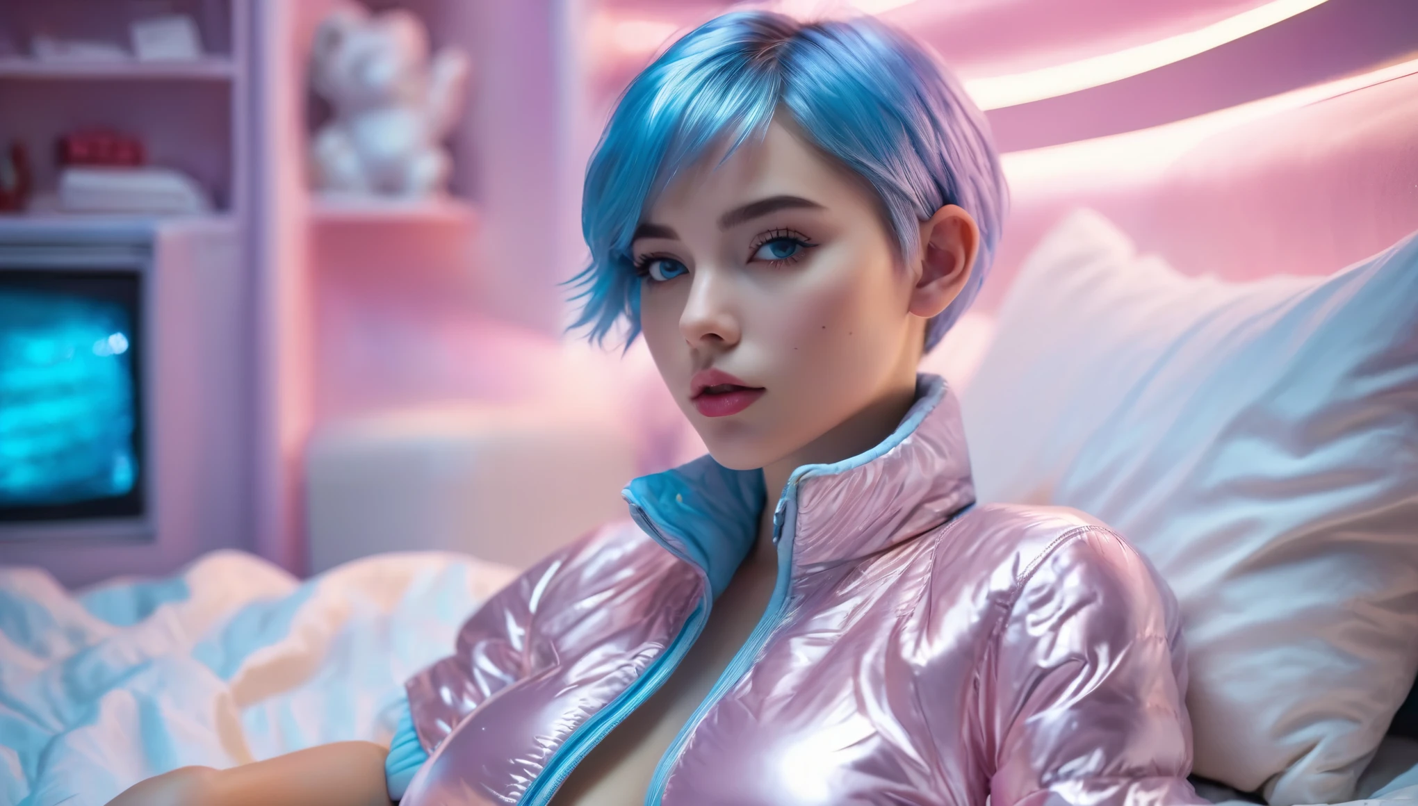 (8K, Raw photography, top-quality, ​masterpiece :1.3), (cute girl in a light pink blue open shiny puffer with short sleeves :1.3), (small perky breasts, extremely detailed face, beautiful detailed eyes, beautiful detailed lips :1.3), (posing anxiously on the bed in a spaceship :1.3) (pixie side shaved hair :1.3), (small perky breasts :1.3)