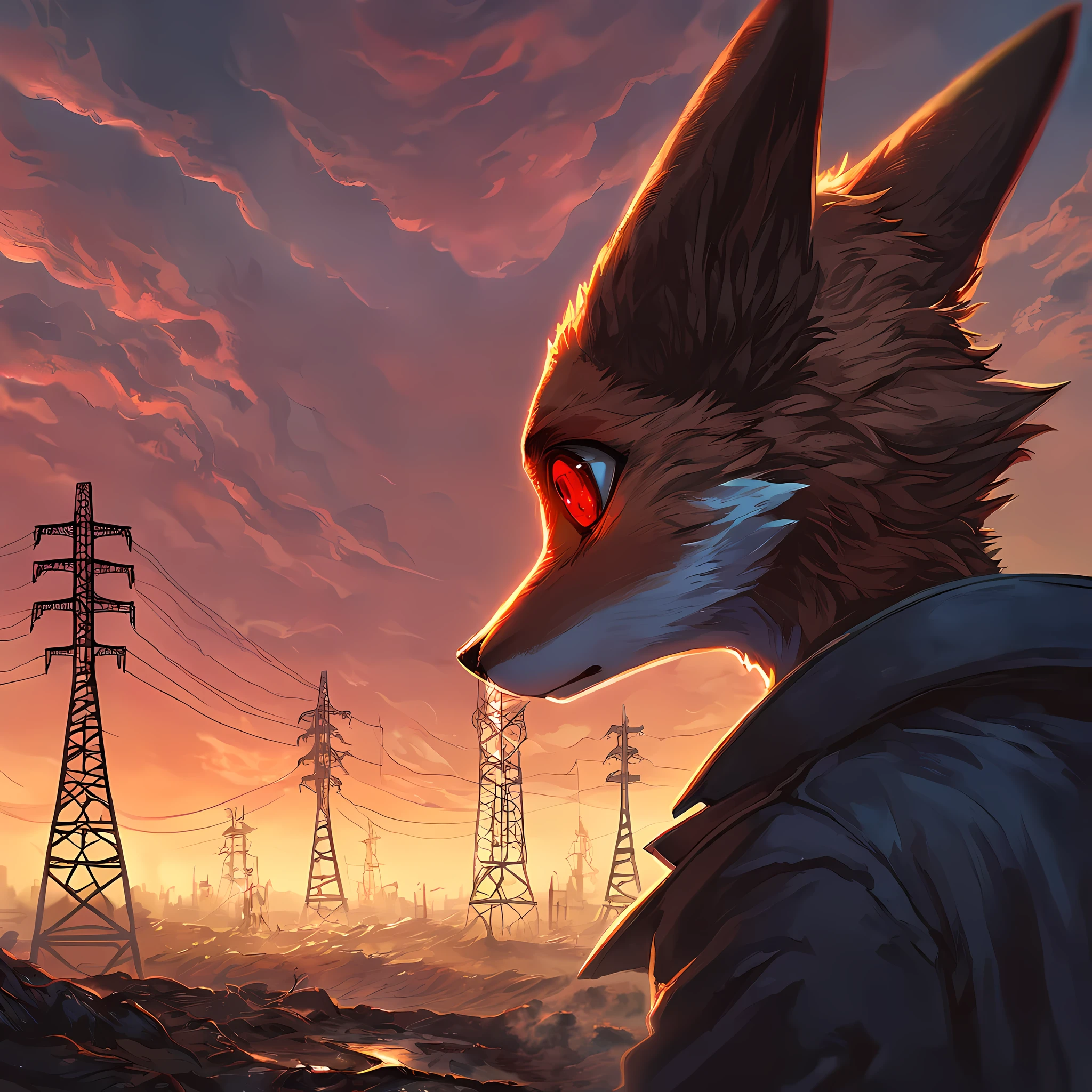 (masterpiece, beautiful), cinematic, highly detailed, 8k uhd, intricate details, best quality, correct anatomy, HD, soft lighting, digital painting, featured on pixiv, a close view of a sleepy bored brown furry fox in greatcoat, epic composition, (big red cartoonish eyes), expressive face, slim body, he is gazing at the silhouette of the scary factory and steam in the wasteland that are far away from him, a (transmission towers) line in far away is complementing the view, oil, pollution, science fiction, snout, cloudy sky, sunset, steampunk