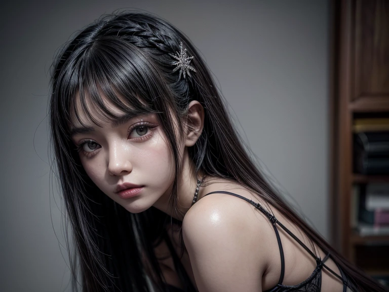 Araffe mulher com cabelo preto e um vestido preto posando para uma foto, ela tem cabelo preto com franja, cruel korean goth girl, garota de anime na vida real, anime vibes, corte de cabelo preto hime, garota anime sedutora, o corte Hime, trends on cgstation, trends on cgstation, shikami, Bela Delfina, Kuvshinov Ilya,  melhor qualidade 8k